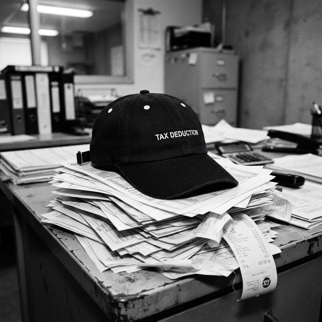 Black Tax Deduction cap resting on financial paperwork