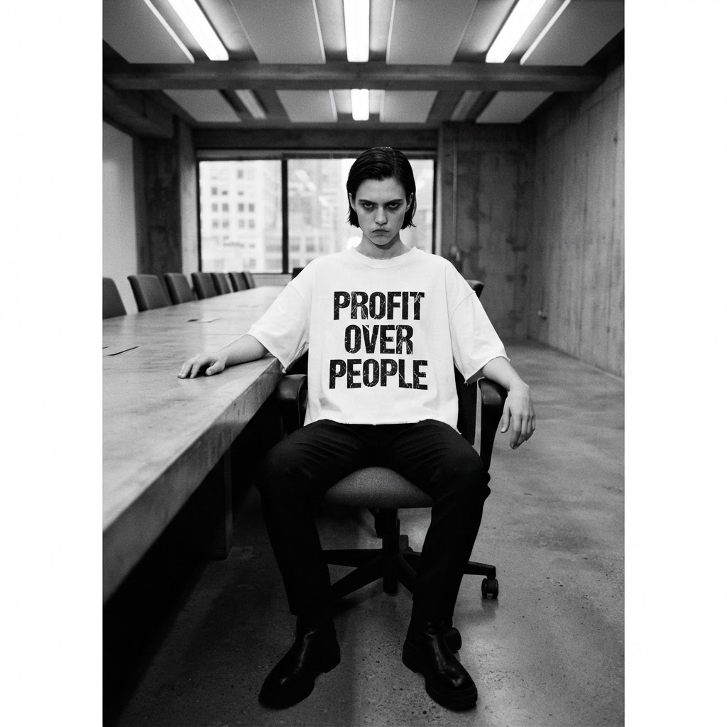 Model wearing the white Transparency Tee at a boardroom table