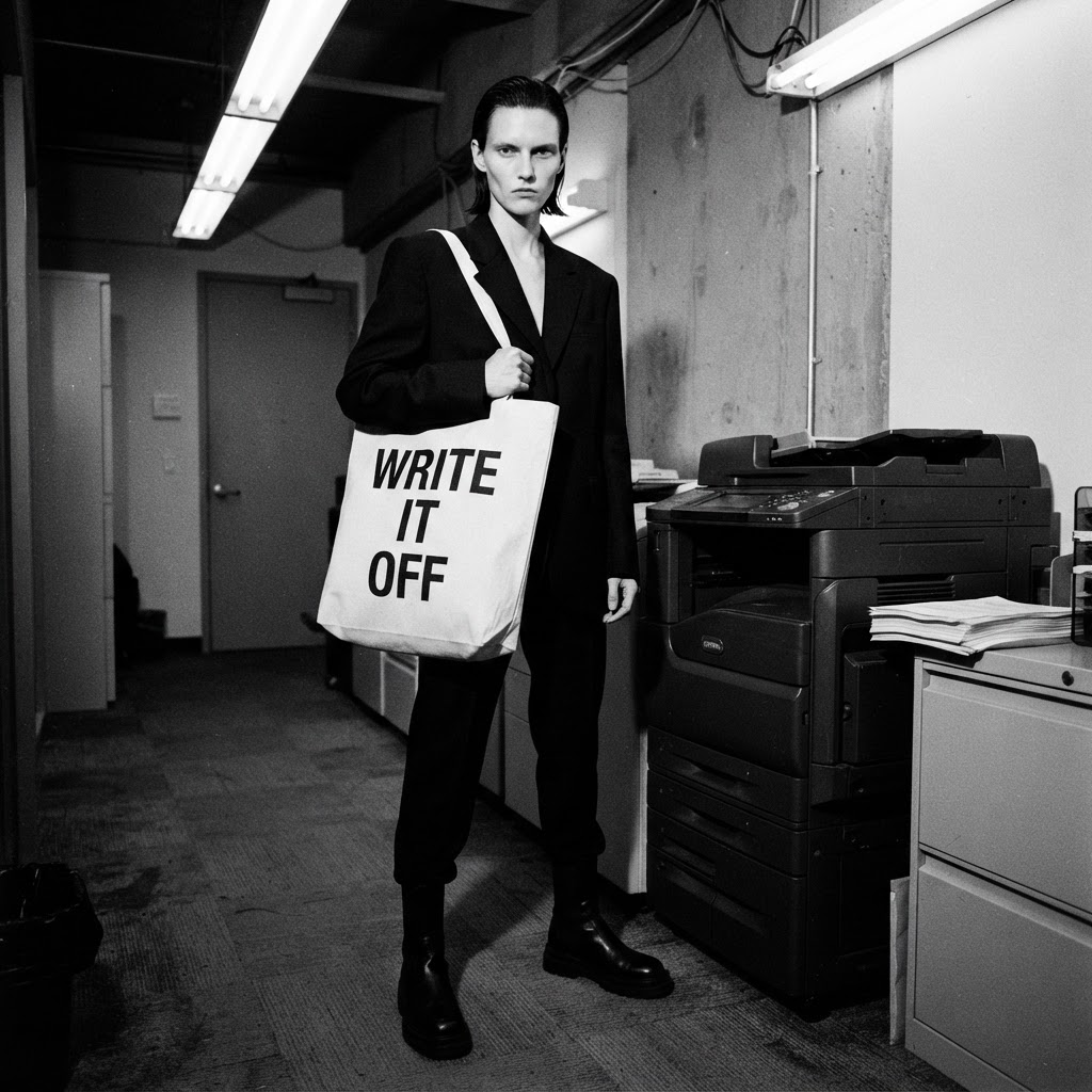 Model carrying the canvas Write-Off Tote beside an office copier